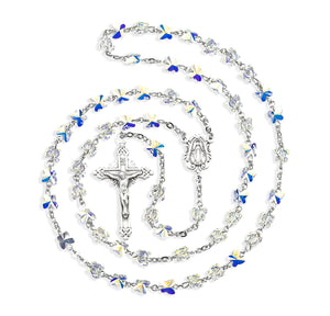 6mm Aurora Borealis Swarovski Crystal Butterfly Bead Rosary, Sterling Silver Crucifix and Center