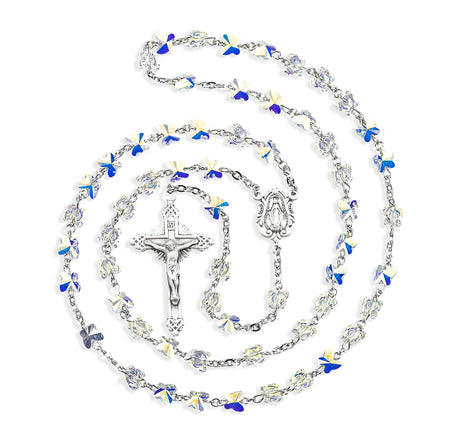6mm Aurora Borealis Swarovski Crystal Butterfly Bead Rosary, Sterling Silver Crucifix and Center