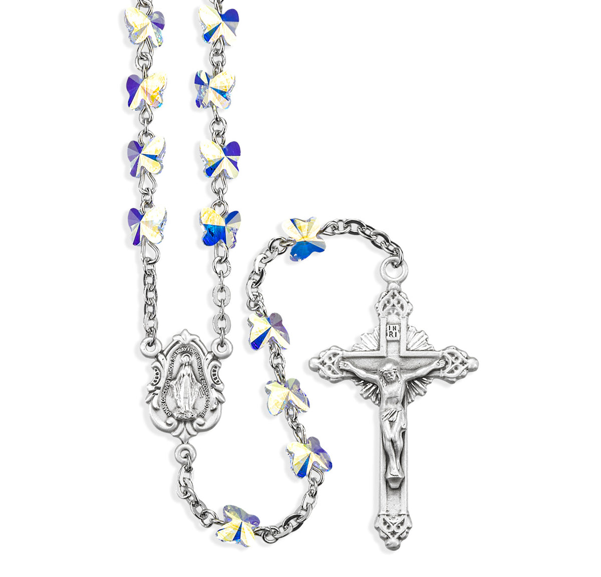 6mm Aurora Borealis Swarovski Crystal Butterfly Bead Rosary, Sterling Silver Crucifix and Center