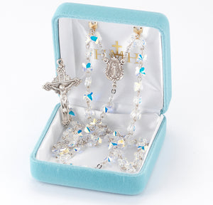 6mm Aurora Borealis Swarovski Crystal Butterfly Bead Rosary, Sterling Silver Crucifix and Center