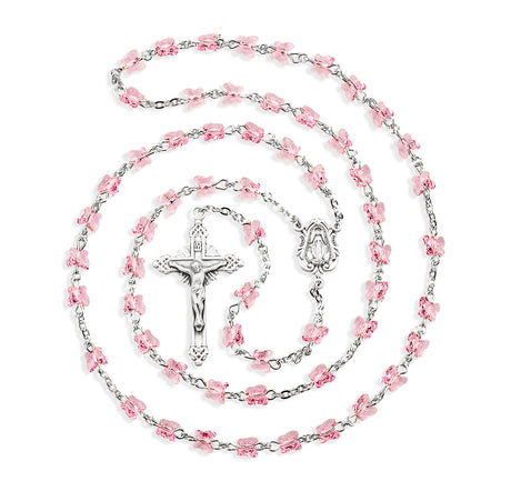 6mm Light Rose Swarovski Crystal Butterfly Bead Rosary, Sterling Silver Crucifix and Center