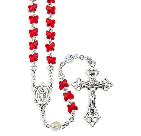 6mm Ruby Swarovski Crystal Butterfly Bead Rosary, Sterling Silver Crucifix and Center