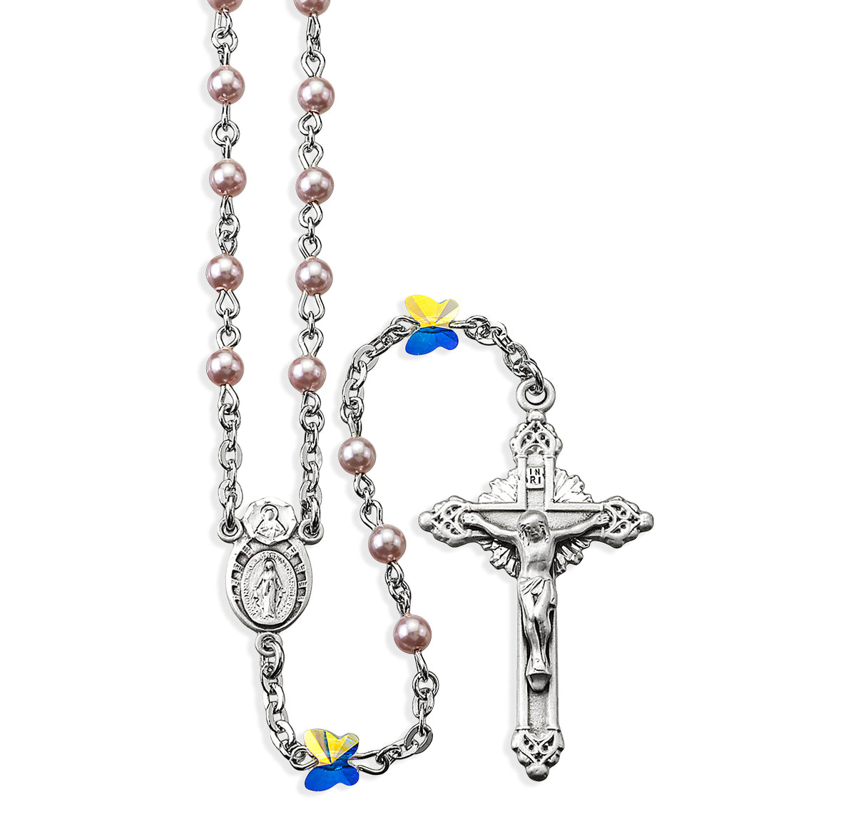 4mm Pink Swarovski Crystal Pearl Rosary with Butterfly Our Father Beads, Sterling Silver Crucifix and Center