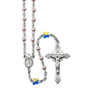 4mm Pink Swarovski Crystal Pearl Rosary with Butterfly Our Father Beads, Sterling Silver Crucifix and Center
