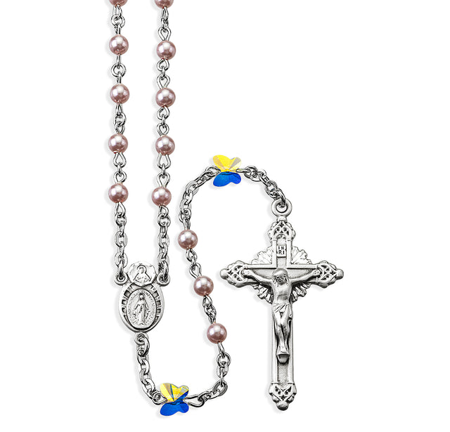 4mm Pink Swarovski Crystal Pearl Rosary with Butterfly Our Father Beads, Sterling Silver Crucifix and Center