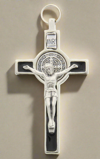 St. Benedict silver and black enamel pectoral crucifix 3 inch