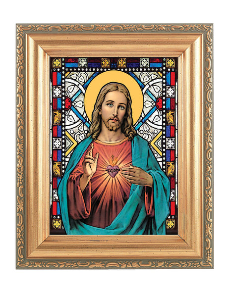 Sacred Heart of Jesus Gold Frame Stained Glass Effect
