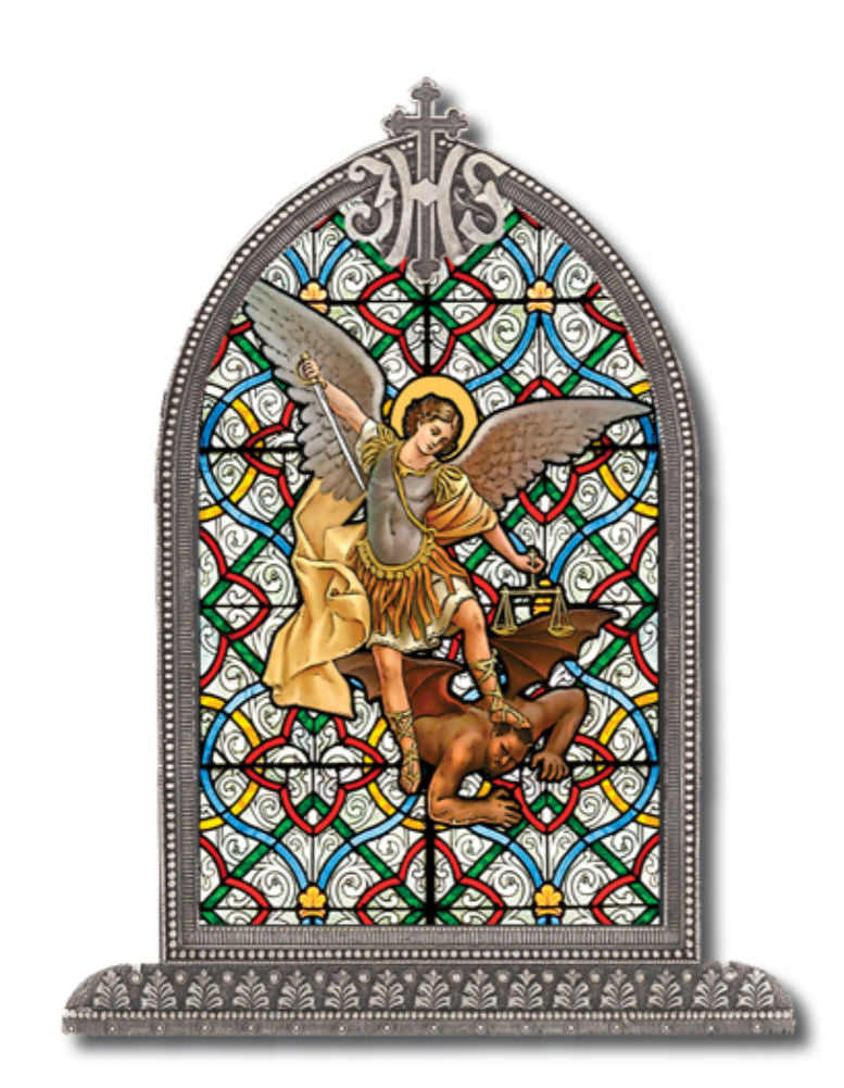 Saint Michael Glass Art in Arched Frame
