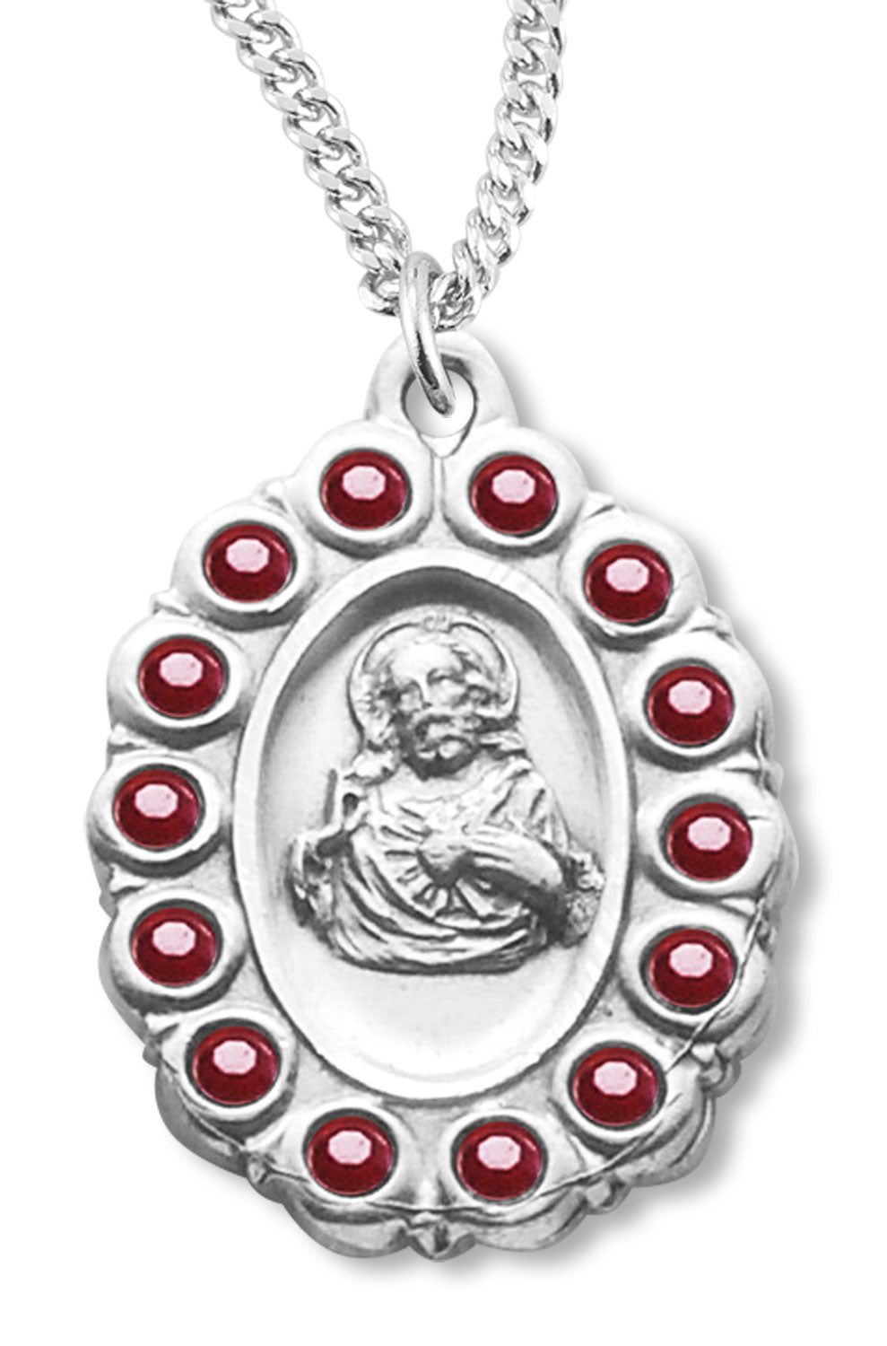 Red Glass Stone Border Scapular Medal Sterling Silver