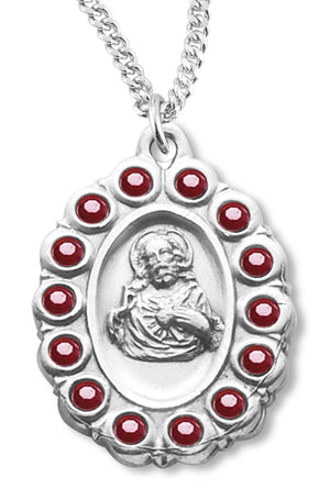 Red Glass Stone Border Scapular Medal Sterling Silver