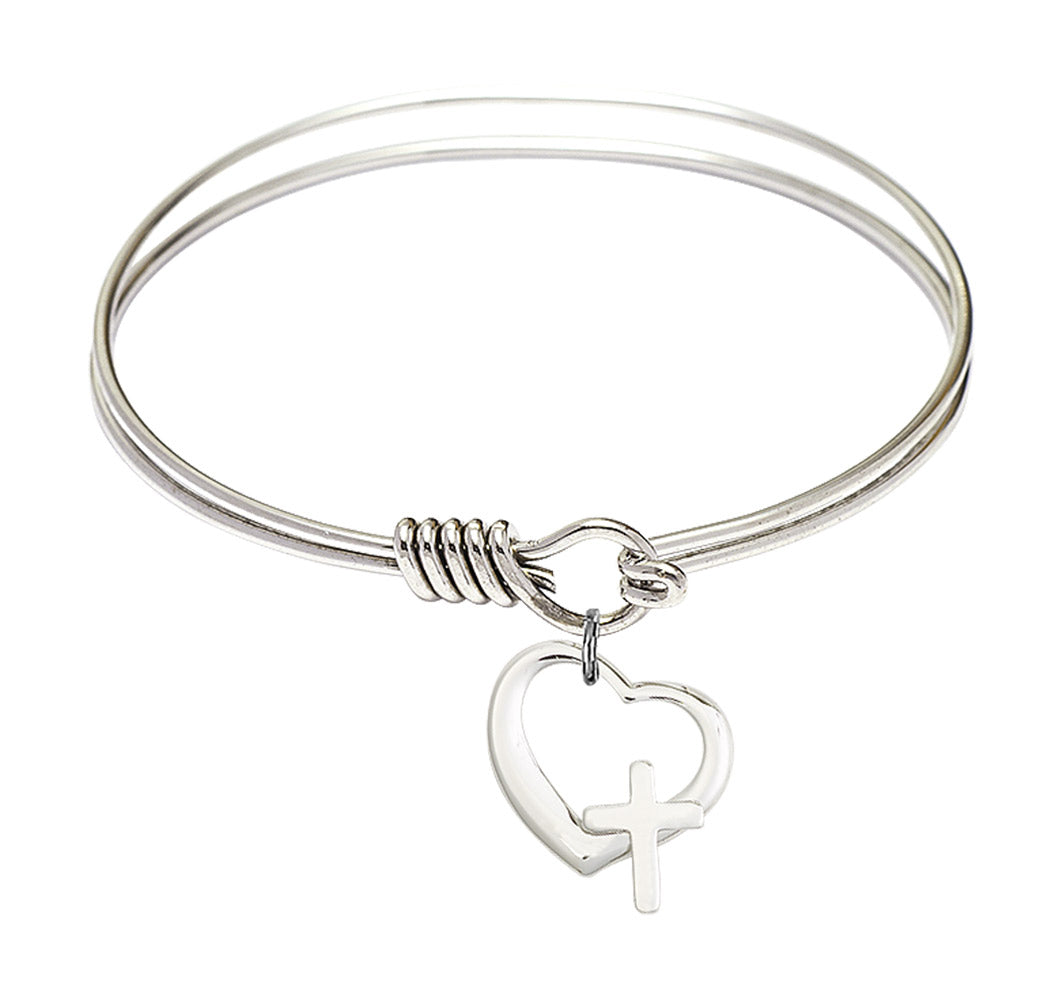 Smooth Bangle Bracelet with a Heart and Cross Charm