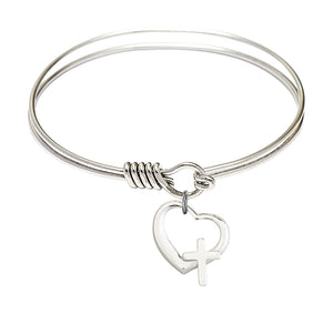 Smooth Bangle Bracelet with a Heart and Cross Charm