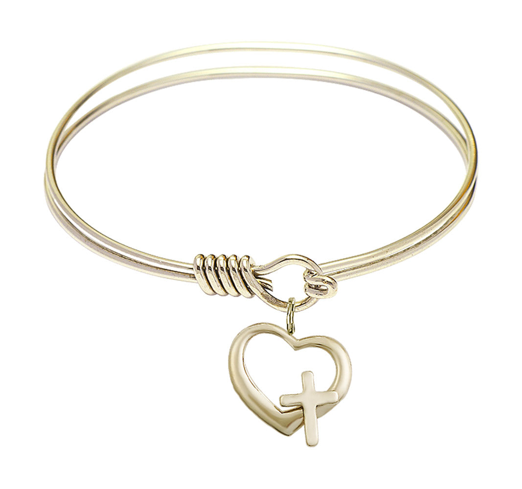 Smooth Bangle Bracelet with a Heart and Cross Charm