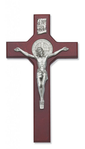 St. Benedict 10 1/2 inch Silver Tone Stained Cherry Wood Wall Crucifix