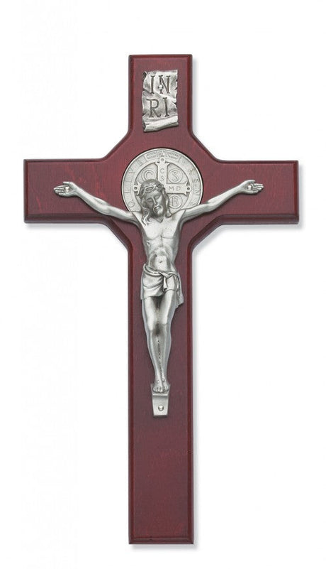 St. Benedict 10 1/2 inch Silver Tone Stained Cherry Wood Wall Crucifix