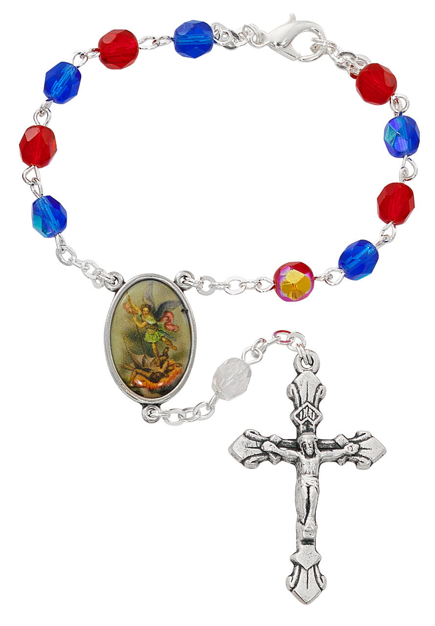 St. Michael Red & Blue Glass Auto Rosary