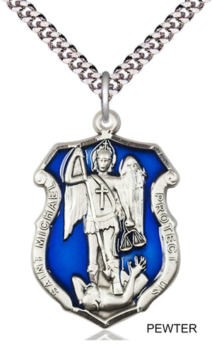 St. Michael Shield Necklace with Blue Epoxy