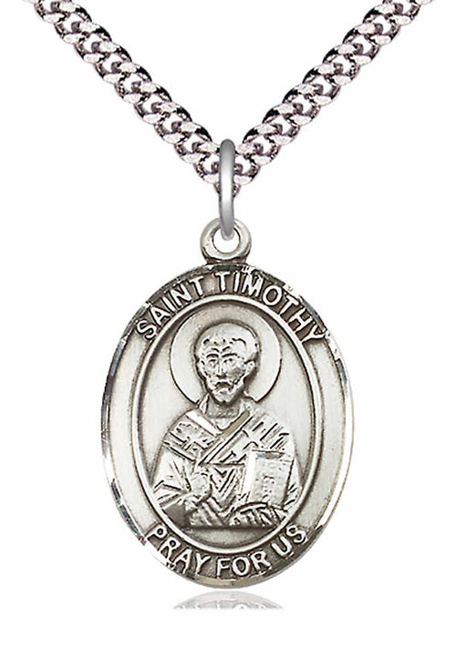 St. Timothy medal showing the saint holding a Bible with his hand raised in blessing