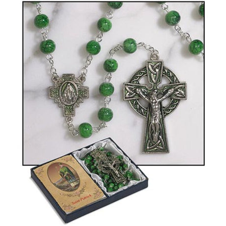 Irish 7mm Marble Rosary – Celtic Knotwork Crucifix & Saint Patrick Gift Box