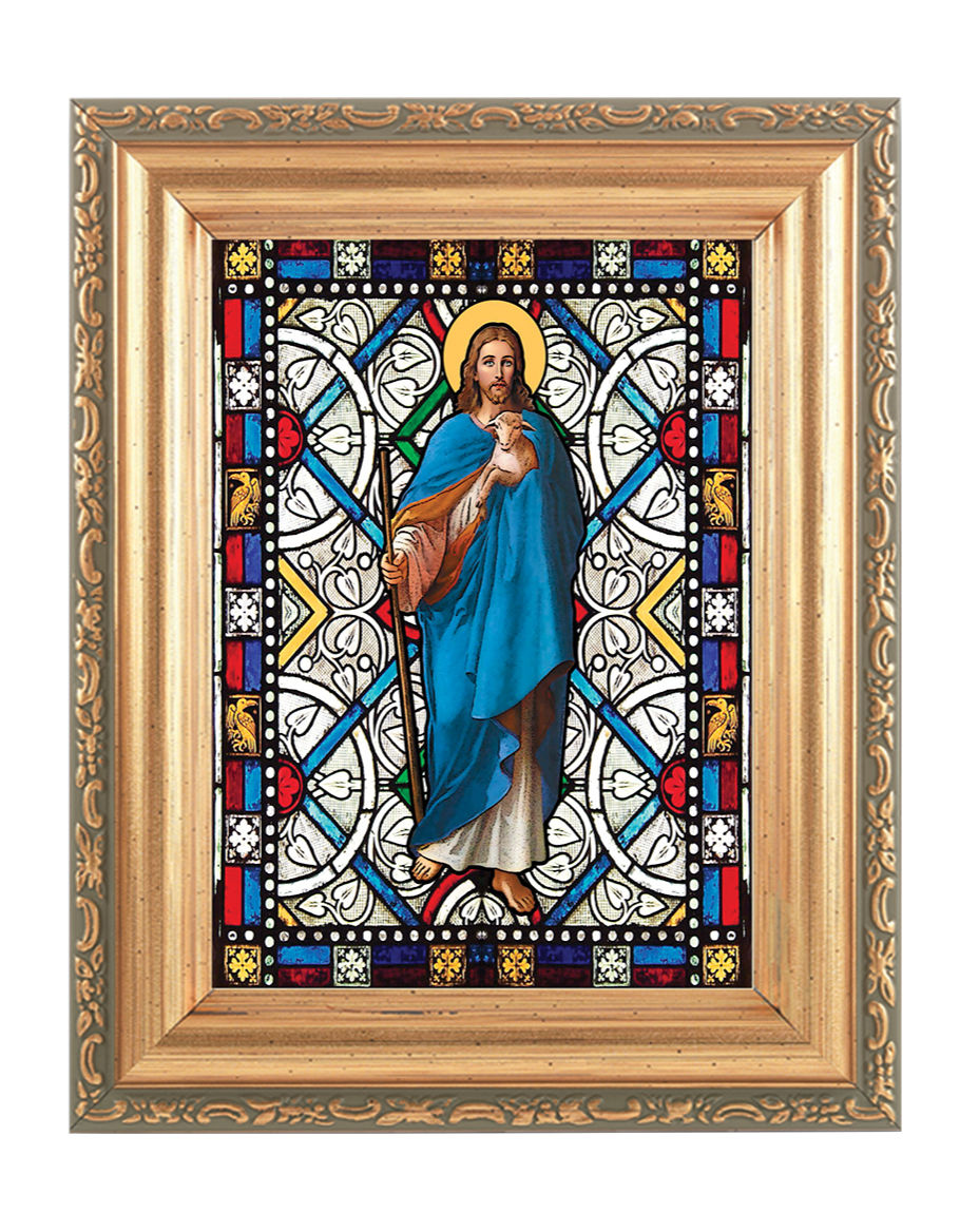 The Good Shepherd Gold Frame Stained Glass Effect