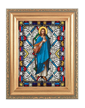 The Good Shepherd Gold Frame Stained Glass Effect
