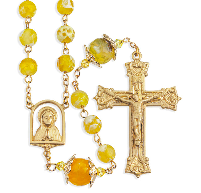 8mm Yellow and White Onyx Rosary with Double Capped Our Father Beads, Brass Crucifix and Center