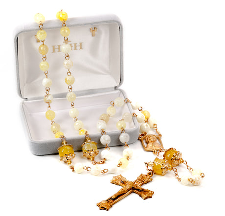 8mm Yellow and White Onyx Rosary with Double Capped Our Father Beads, Brass Crucifix and Center
