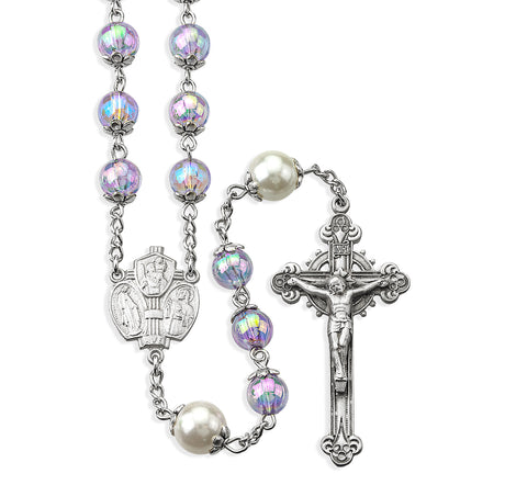 8mm Light Amethyst Glass Shimmer Bead Rosary, Pewter Crucifix and Center