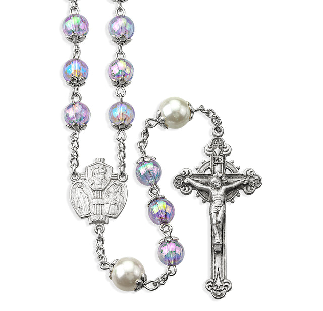 8mm Light Amethyst Glass Shimmer Bead Rosary, Pewter Crucifix and Center