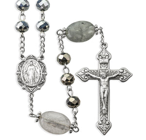 8mm Silver Vitriol Glass Bead Rosary with Smoke Glass Our Father Beads, Pewter Crucifix and Center