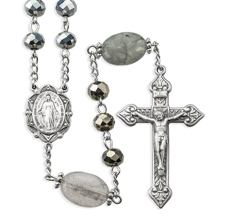 8mm Silver Vitriol Glass Bead Rosary with Smoke Glass Our Father Beads, Pewter Crucifix and Center