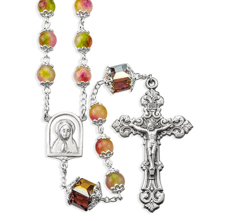 8mm Multi-Color Rose Glass Bead Rosary, Pewter Crucifix and Center