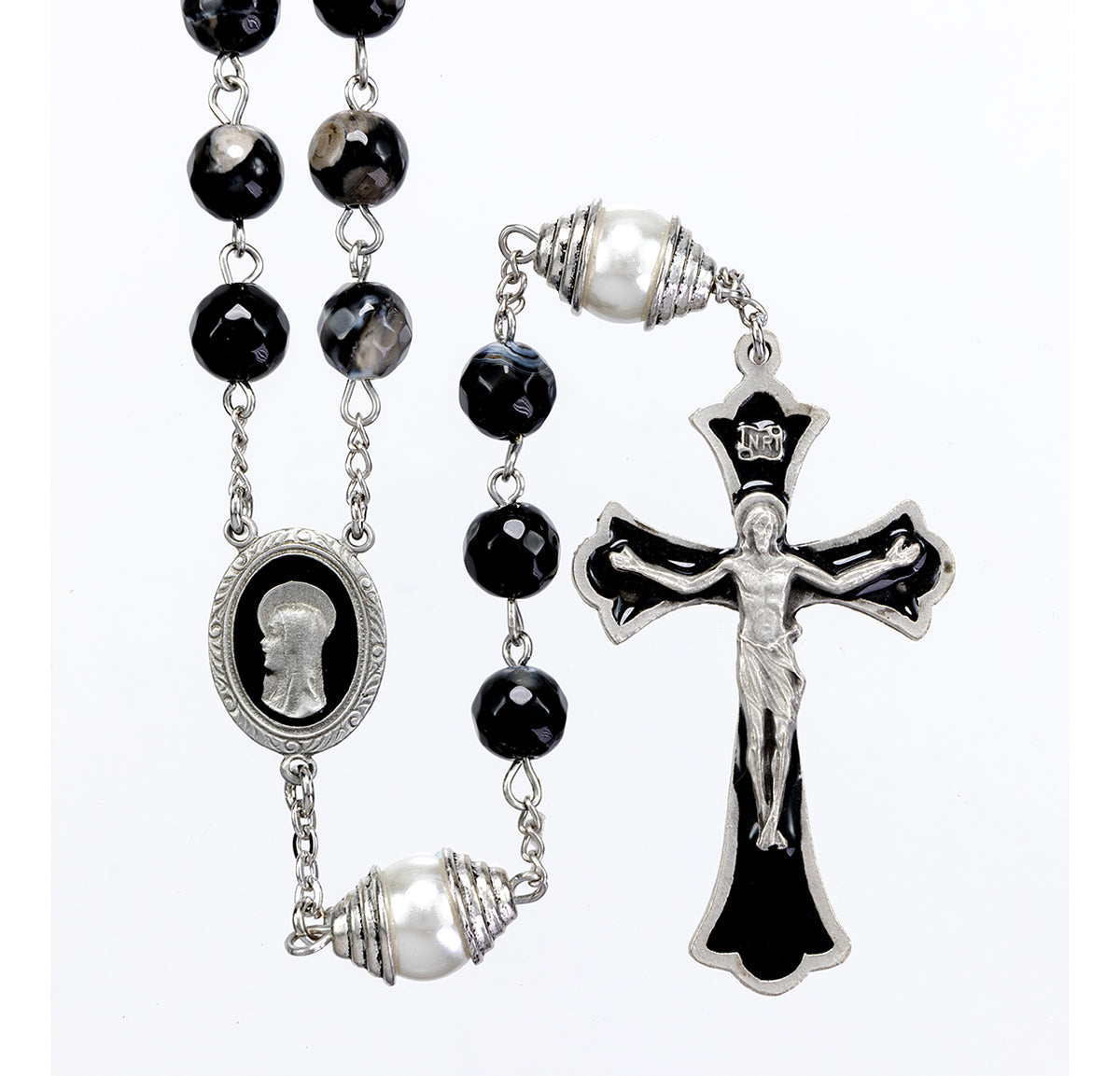 8mm Black and Grey Onyx Rosary, Black Epoxy Pewter Crucifix and Center
