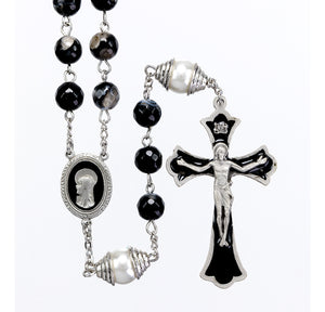 8mm Black and Grey Onyx Rosary, Black Epoxy Pewter Crucifix and Center