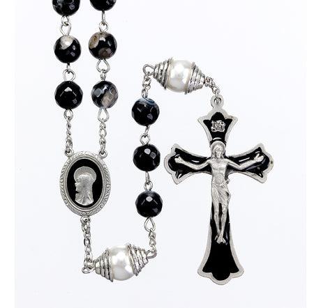 8mm Black and Grey Onyx Rosary, Black Epoxy Pewter Crucifix and Center