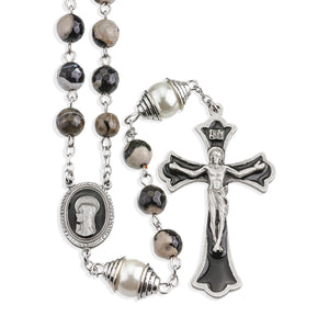 8mm Black and Grey Onyx Rosary, Black Epoxy Pewter Crucifix and Center