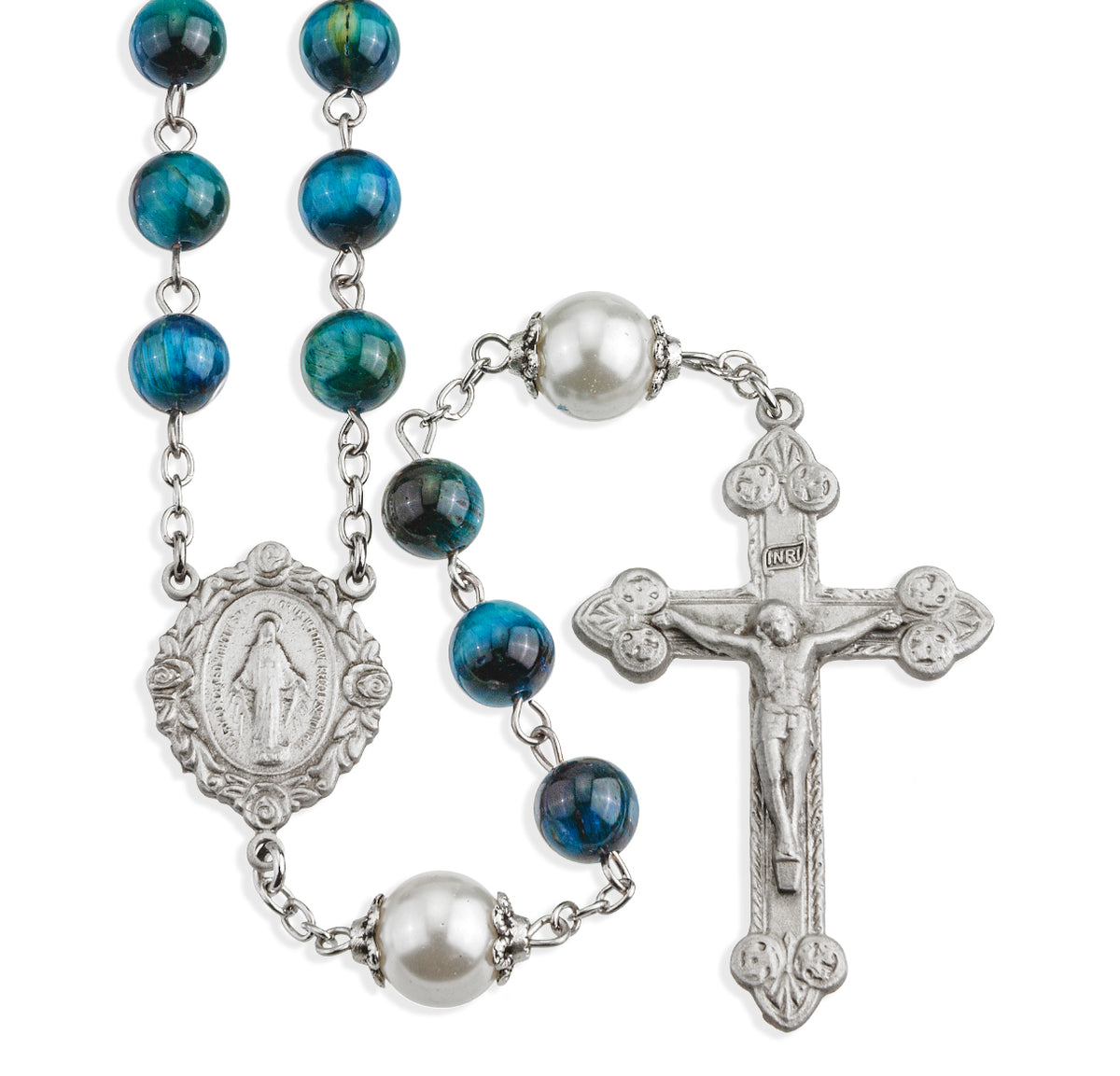 8mm Turquoise Dyed Tiger Eye Rosary, Pewter Crucifix and Center
