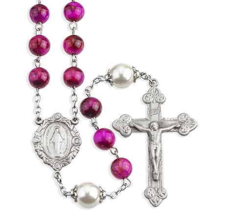 8mm Fuchsia Dyed Tiger Eye Gemstone Bead Rosary, Pewter Crucifix and Center