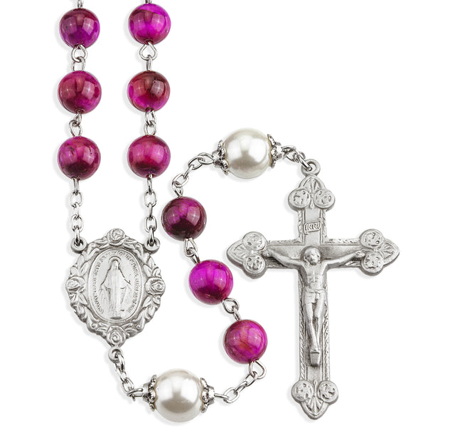8mm Fuchsia Dyed Tiger Eye Gemstone Bead Rosary, Pewter Crucifix and Center