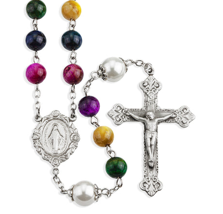 8mm Multi-Colored Dyed Tiger Eye Gemstone Bead Rosary, Pewter Crucifix and Center