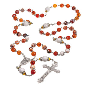8mm White and Rust Onyx Rosary, Pewter Crucifix and Center