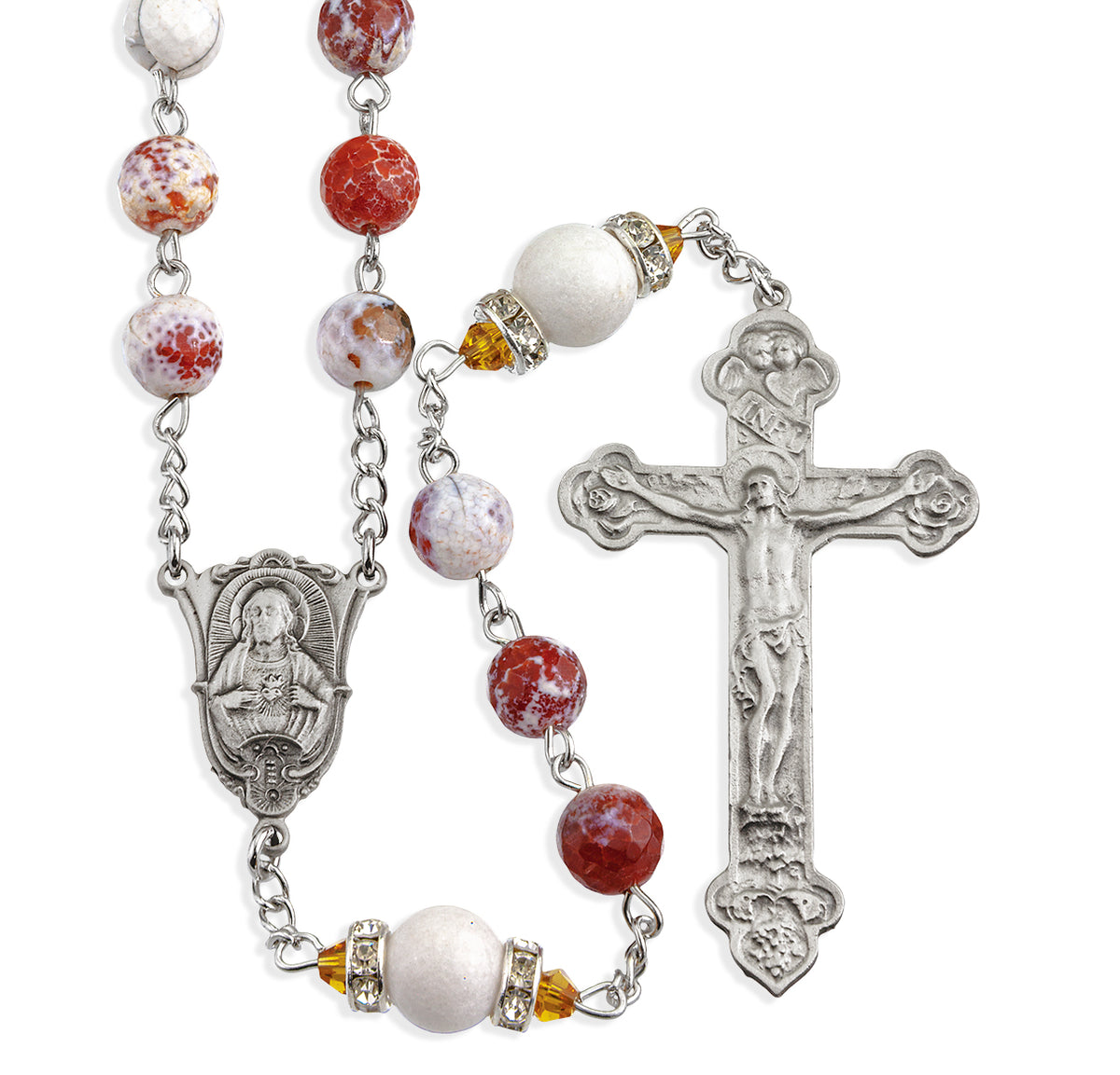 8mm White and Rust Onyx Rosary, Pewter Crucifix and Center