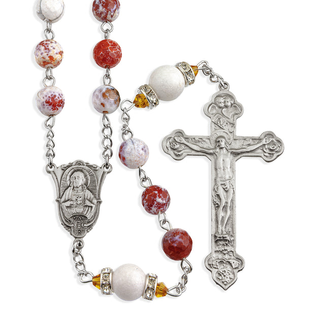 8mm White and Rust Onyx Rosary, Pewter Crucifix and Center