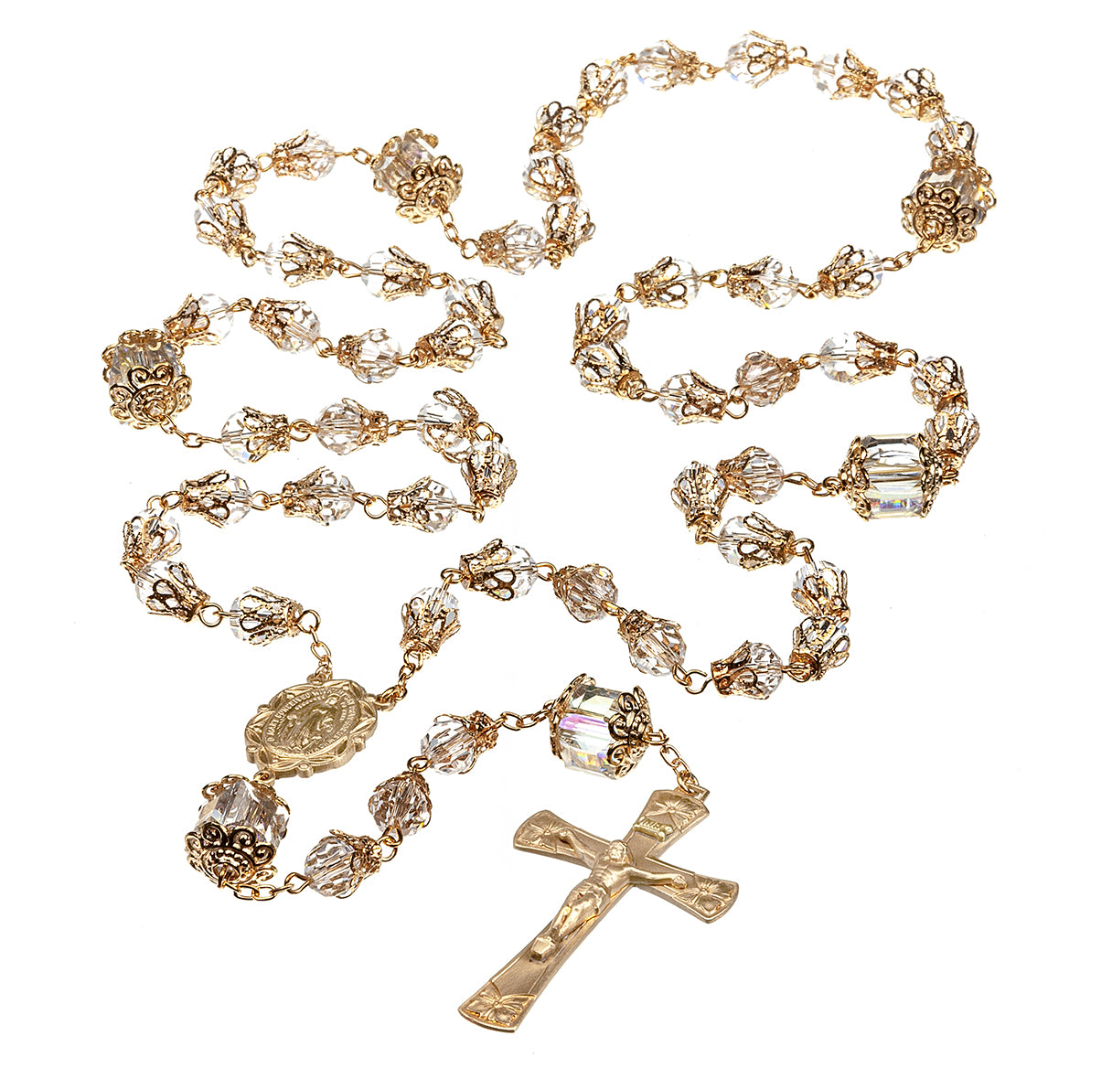 Vintage Inspired Crystal Glass Rosary with Solid Brass Crucifix and Center