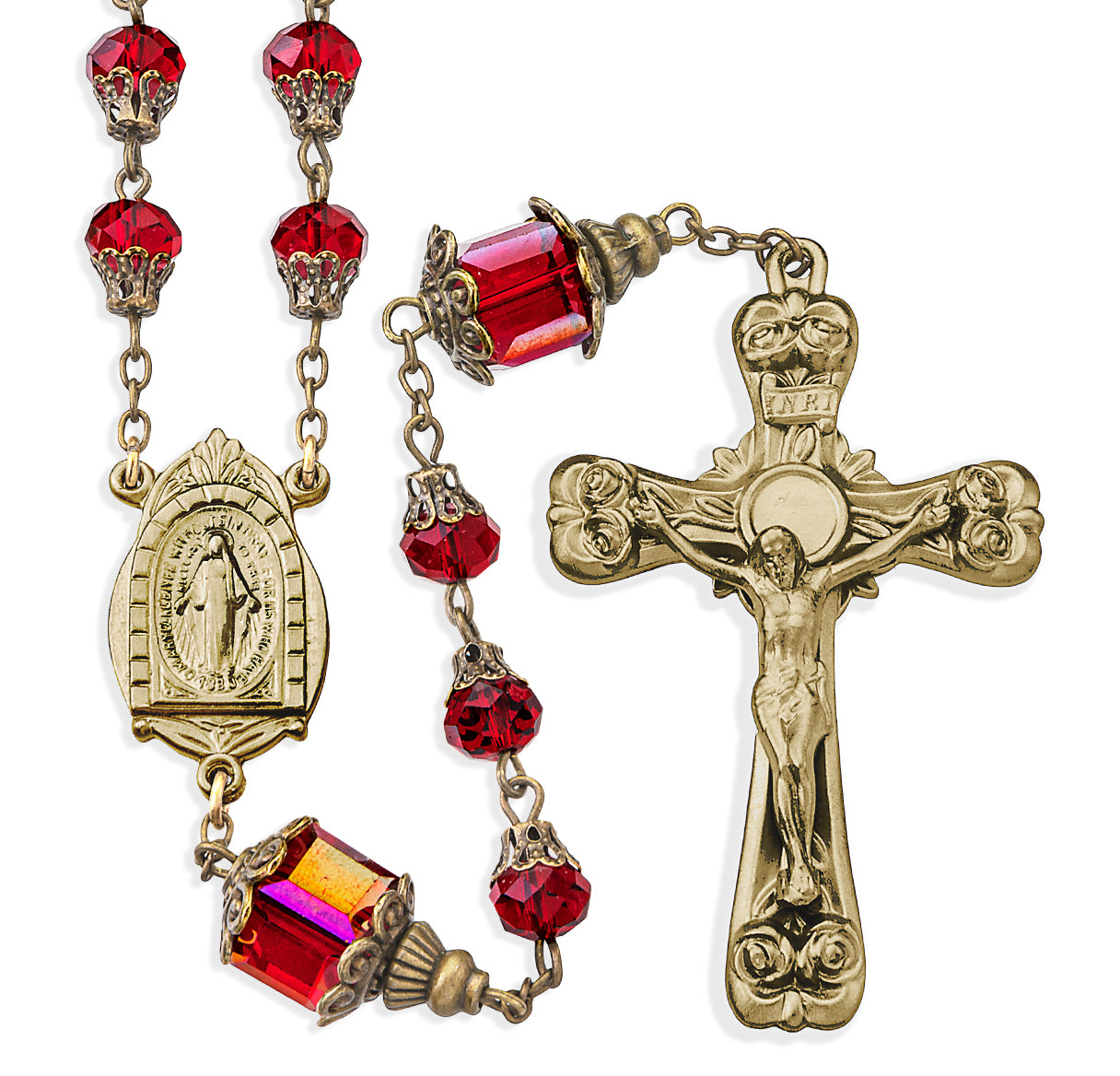 Vintage Inspired Ruby Glass Bead Rosary with Antique Brass Crucifix and Center