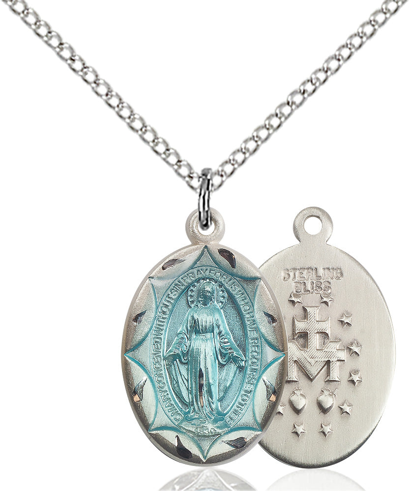 Petite Miraculous Medal with Blue Enamel Necklace for Women