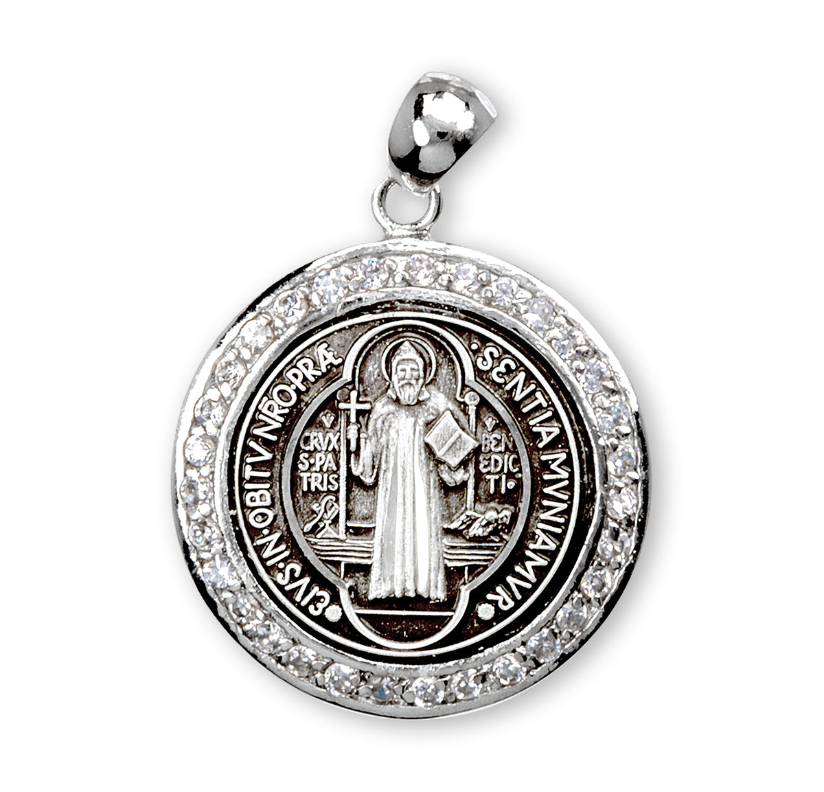 Saint Benedict Round Medal Necklace with Cubic Zirconia, Sterling Silver