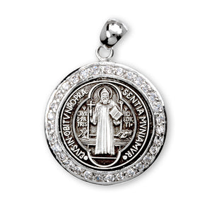 Saint Benedict Round Medal Necklace with Cubic Zirconia, Sterling Silver
