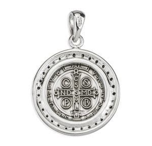 Saint Benedict Round Medal Necklace with Cubic Zirconia, Sterling Silver
