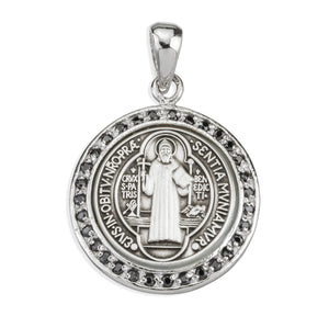 Saint Benedict Round Medal Necklace with Black Cubic Zirconia, Sterling Silver